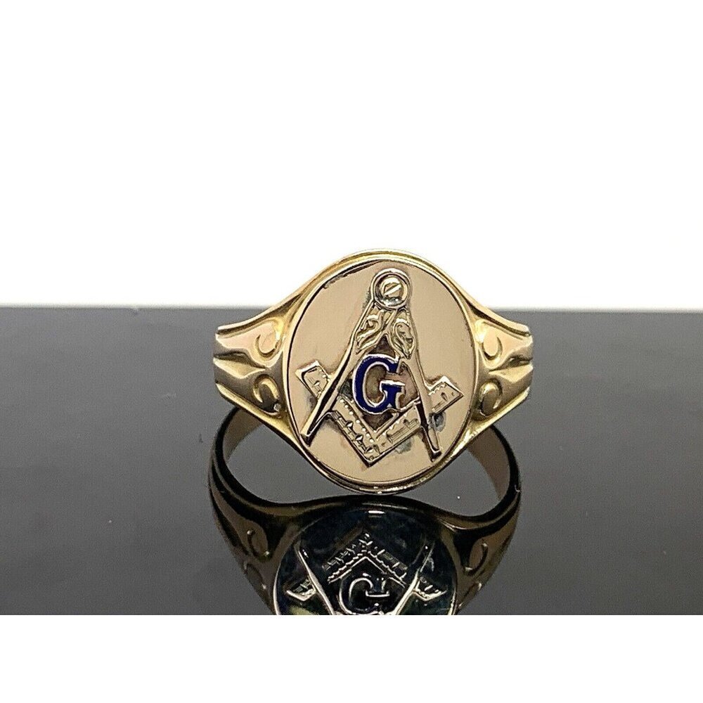 Masonic Ring 10k Yellow Gold Freemasonry Blue G Logo Vintage Men's Size 11